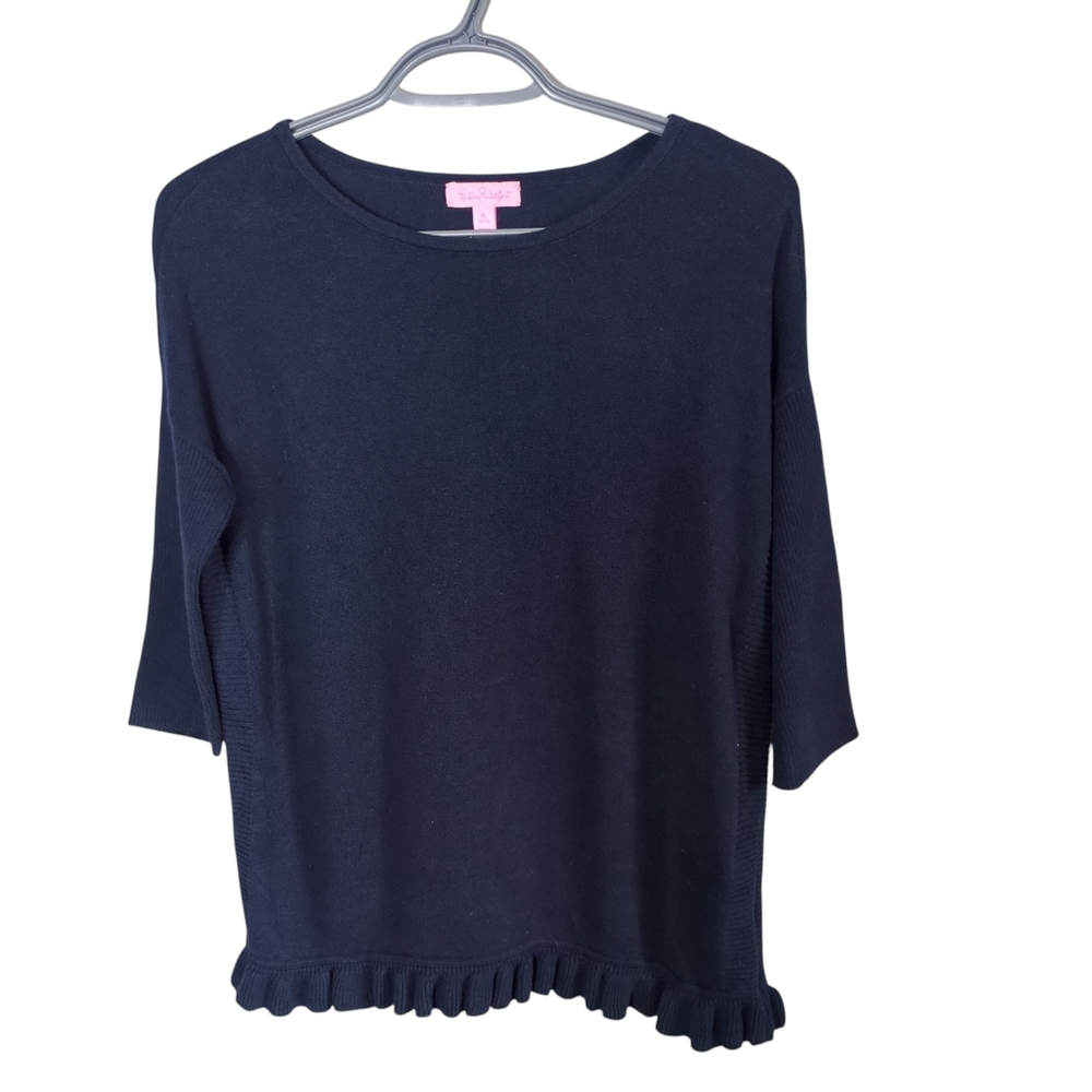 Lilly Pulitzer Girls Tierneigh Sweater Size XL (12–14) True Navy Blue Ruffle Hem
